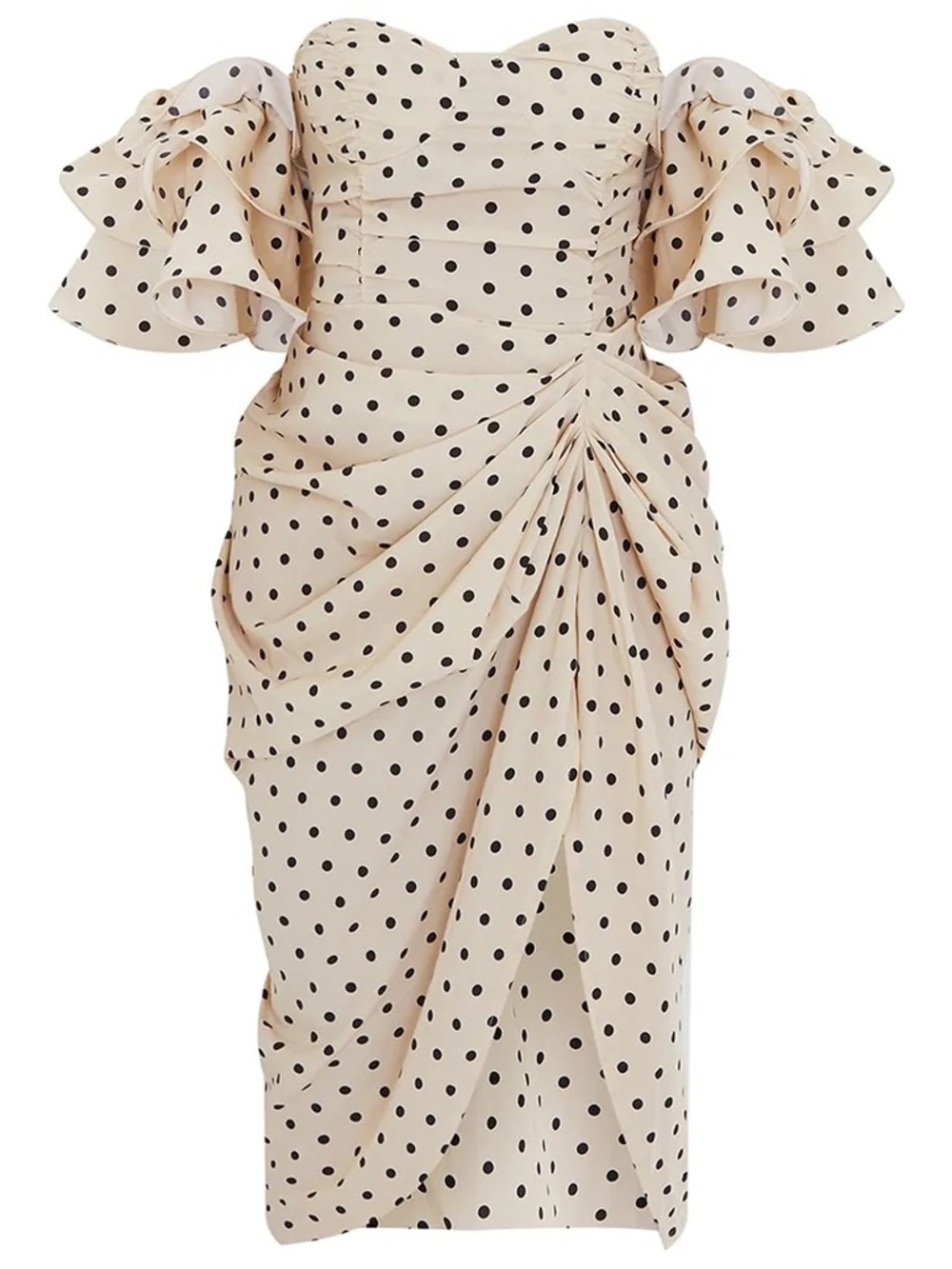 Polka Dot Off-Shoulder Ruffle Midi Dress in Cream - Picture 3 of 7